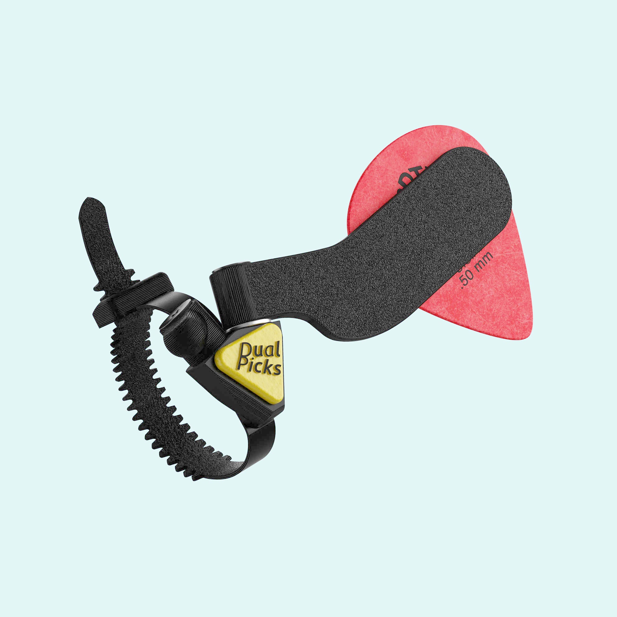 Primo piano del supporto Dual Picks con plettro rosso montato